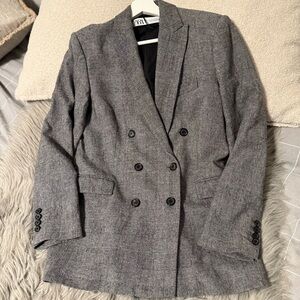 Zara Gray Double-Breasted Checked Blazer